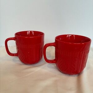 2 Cable Knit Sweater Pattern Stoneware Mugs Xmas Holiday Winter Hygge Farmhouse